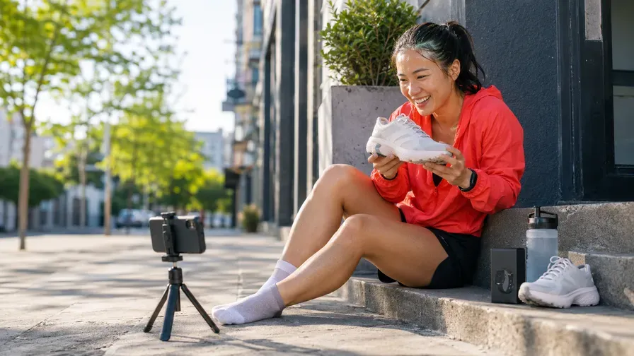 A runner unboxing shoes on camera in the street