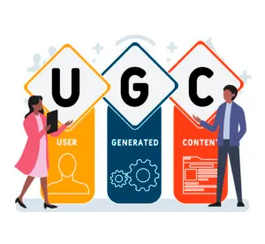 Infographic spelling UGC with icons labeled user, generated, content between two people