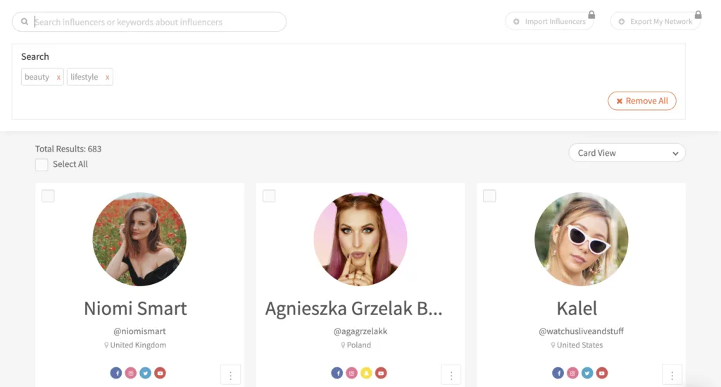 NeoReach influencer search filtered by beauty and lifestyle, showing 683 results with cards for Niomi Smart and Kalel