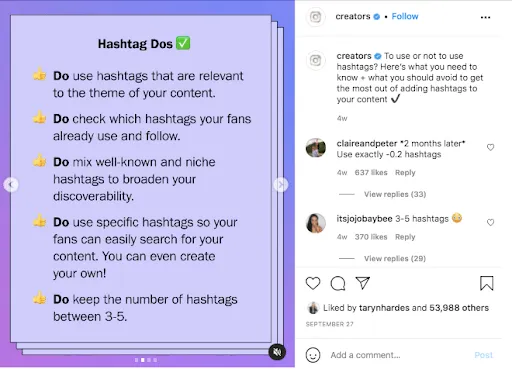 Instagram post from creators account listing hashtag dos for content discovery