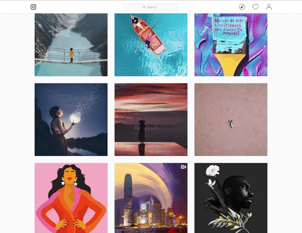 Instagram grid of artistic photos and illustrations of people in dramatic landscapes