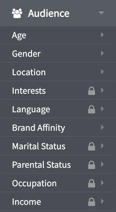 NeoReach Audience sidebar menu listing Age, Gender, Location and locked filters like Interests and Income