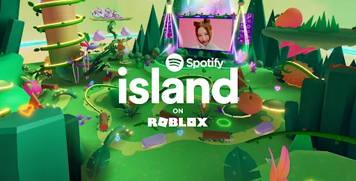 Spotify Island on Roblox, a colorful 3D virtual world with a video screen and greenery