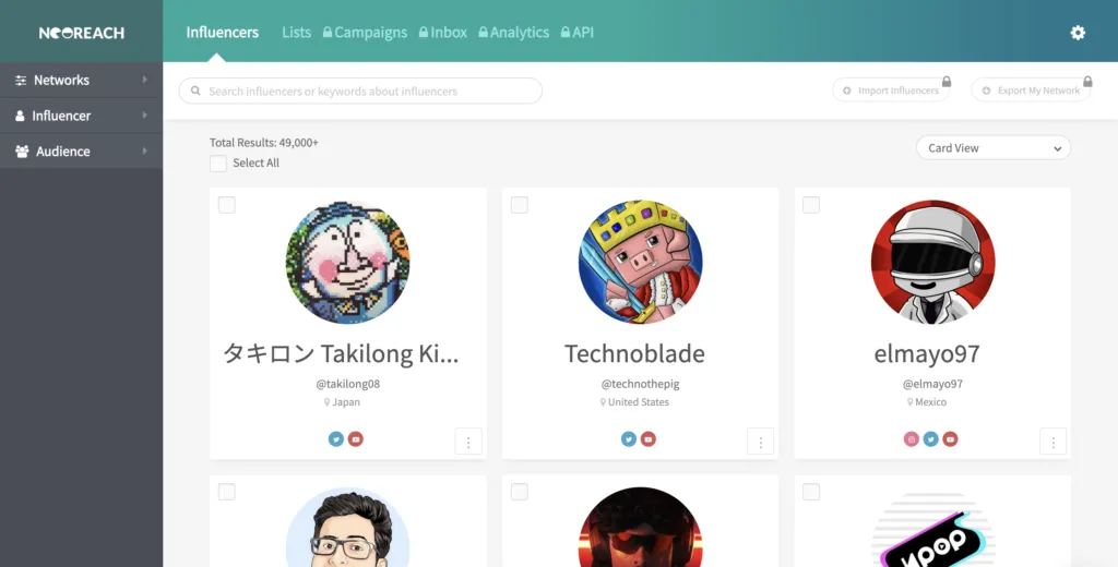 NeoReach influencer directory dashboard with 49,000+ results and profile cards for Takilong, Technoblade and elmayo97