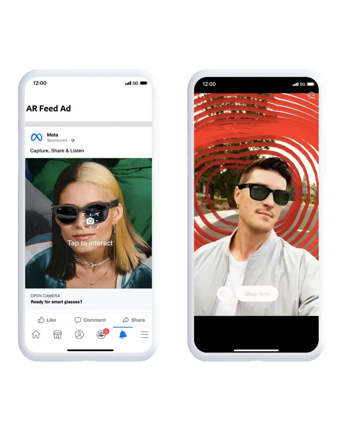 Two phones showing Meta AR feed ads for smart glasses with tap-to-interact prompts