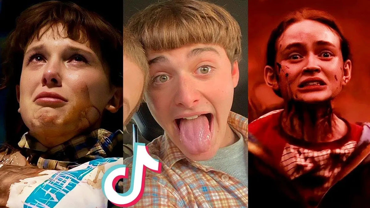 Three Stranger Things TikTok clips beside a fan pulling a silly face, with the TikTok logo
