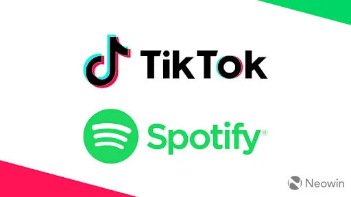 TikTok and Spotify logos on a white background with red and green corner accents