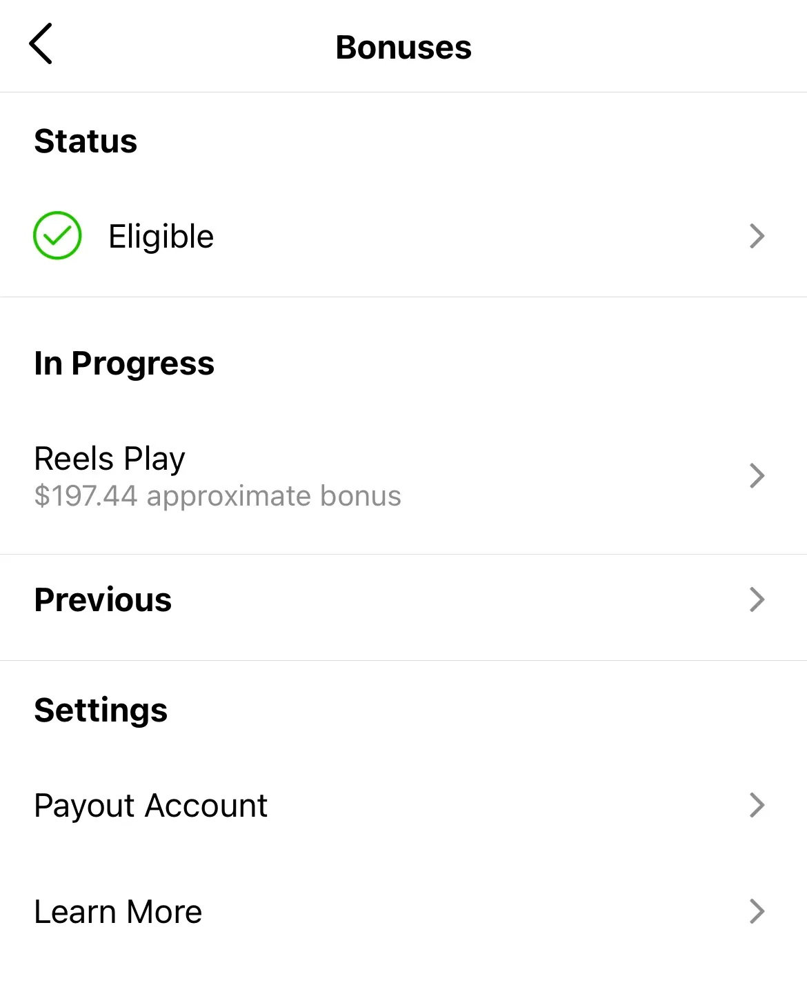 Instagram Bonuses screen showing Eligible status and a Reels Play in-progress bonus of $197.44