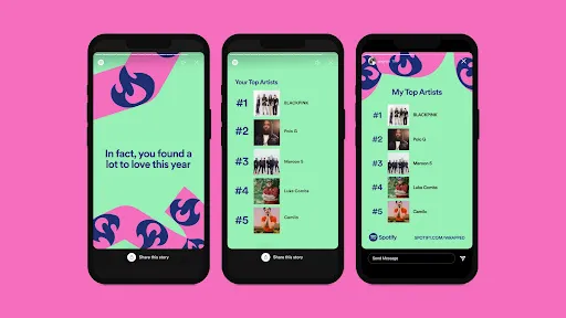 Three phone screens showing Spotify Wrapped Your Top Artists list led by BLACKPINK