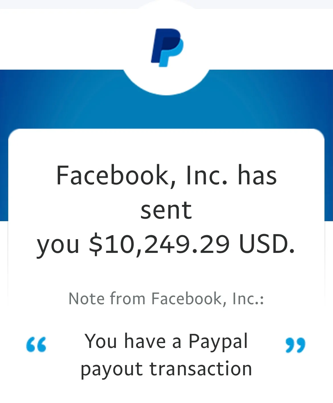 PayPal notification that Facebook, Inc. sent $10,249.29 USD as a payout transaction