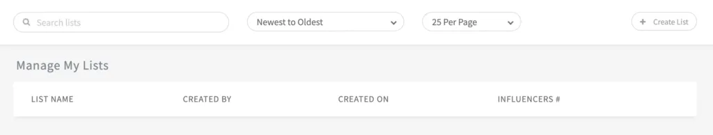 NeoReach Manage My Lists screen with search bar, sort and per-page controls, and empty list table columns