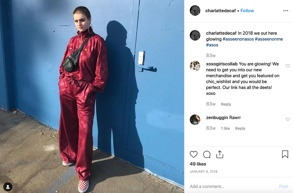 Instagram post of user charlattedecaf in a red tracksuit against a blue wall, tagged #asos
